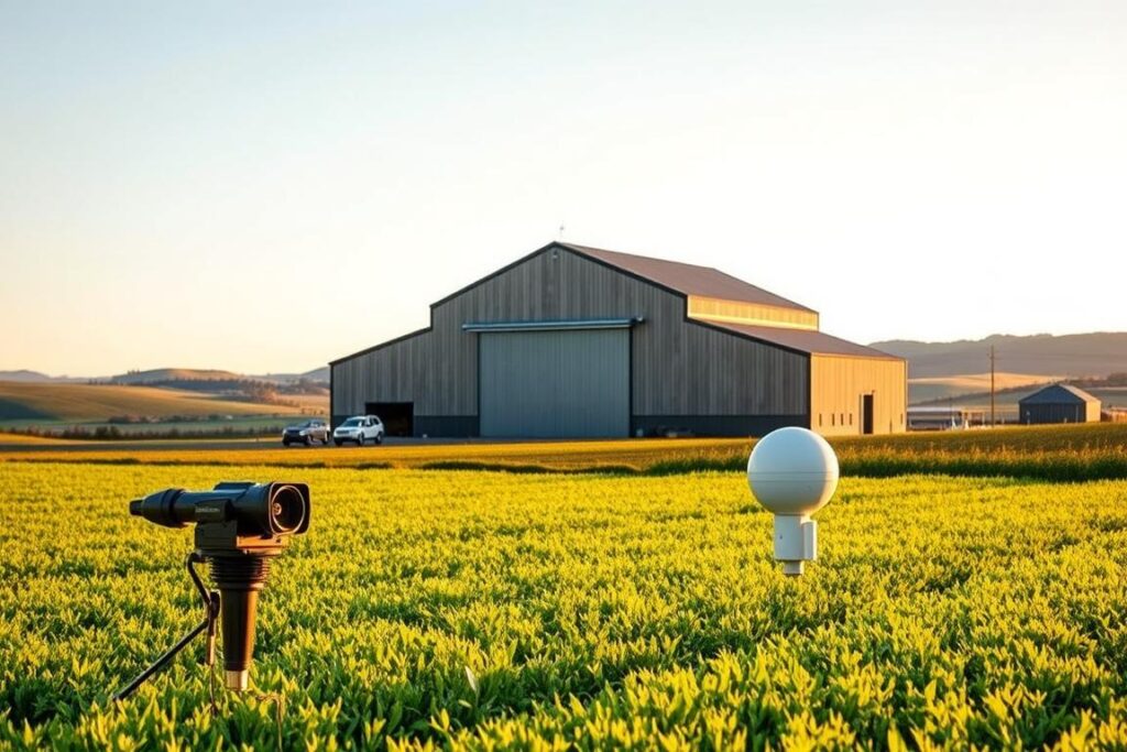 A well-designed farm showroom showcasing the latest agricultural innovations. In the foreground, a display of precision farming equipment and high-tech sensors against a backdrop of lush, verdant fields. In the middle ground, a large modern barn serves as the centerpiece, its sleek, contemporary architecture contrasting with the traditional rural setting. Bathed in warm, golden sunlight, the scene conveys a sense of innovation and prosperity. In the distance, rolling hills and a cloudless sky create a picturesque, idyllic landscape. The overall atmosphere suggests the potential for profitable investment in transforming a working farm into an immersive showroom experience.