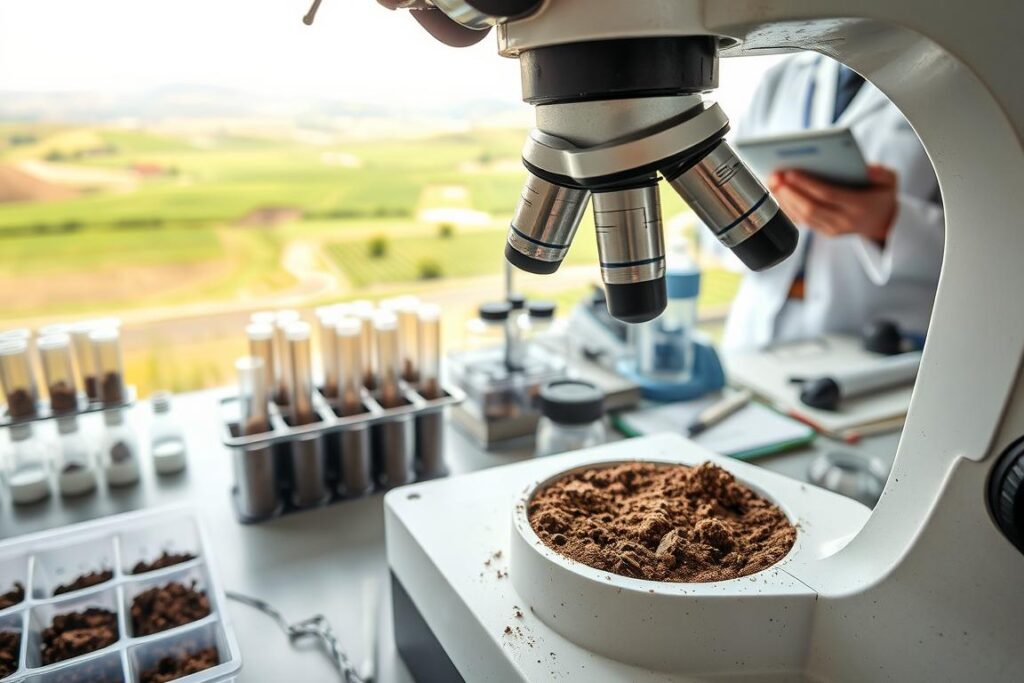 A well-equipped soil analysis laboratory on a farm, with a variety of soil samples, test tubes, and scientific equipment. The foreground features a close-up view of a soil sample being examined under a microscope, highlighting the intricate textures and composition. The middle ground showcases a technician in a white lab coat carefully recording data on a clipboard. The background depicts a panoramic view of the farm, with lush green fields and rolling hills, suggesting the practical application of the soil analysis. The lighting is soft and natural, creating a sense of professionalism and scientific rigor. The overall atmosphere conveys the importance of thorough soil analysis in maintaining a productive and sustainable farm.