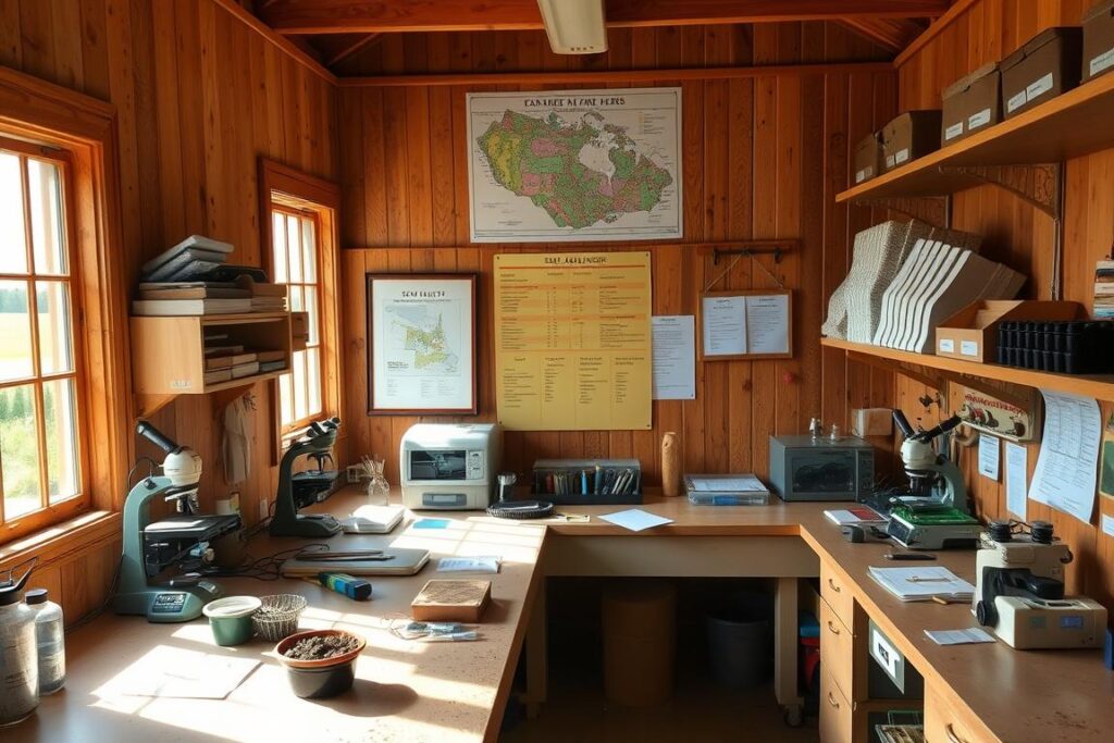 A well-equipped soil analysis laboratory on a small farm, featuring a central workbench with various scientific equipment like microscopes, pH meters, and soil testing kits. The space is well-lit by large windows, casting a warm, natural glow over the organized, functional setting. Shelves along the walls hold neatly labeled soil samples and analysis logs. A map of the farm's plots hangs prominently, indicating the locations of soil data collection. The overall atmosphere conveys a sense of careful, methodical soil research conducted with limited resources, supporting the farm's sustainable agricultural practices.