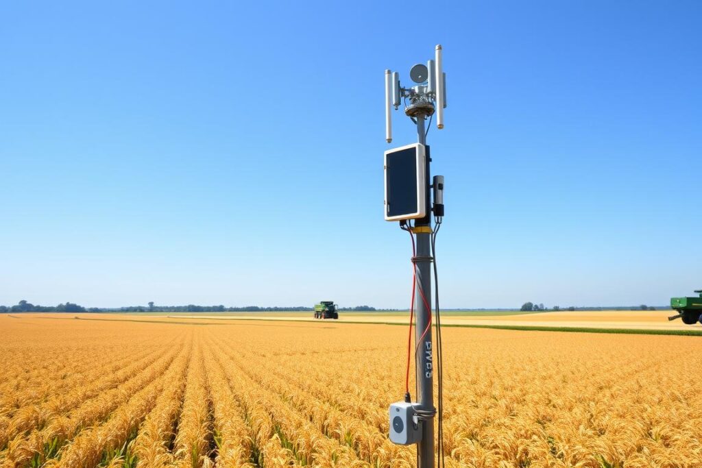 Antena 5G instalada em área rural de plantação de soja no Brasil com tecnologia de rastreabilidade