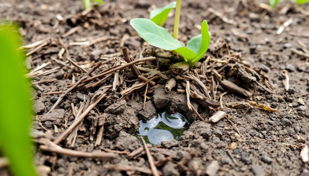 Área com cobertura vegetal morta protegendo o solo contra evaporação