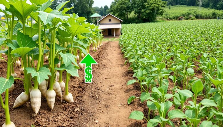 Comparação entre plantação de mandioca e soja em pequena propriedade rural, mostrando o lucro com mandioca em pequenas propriedades