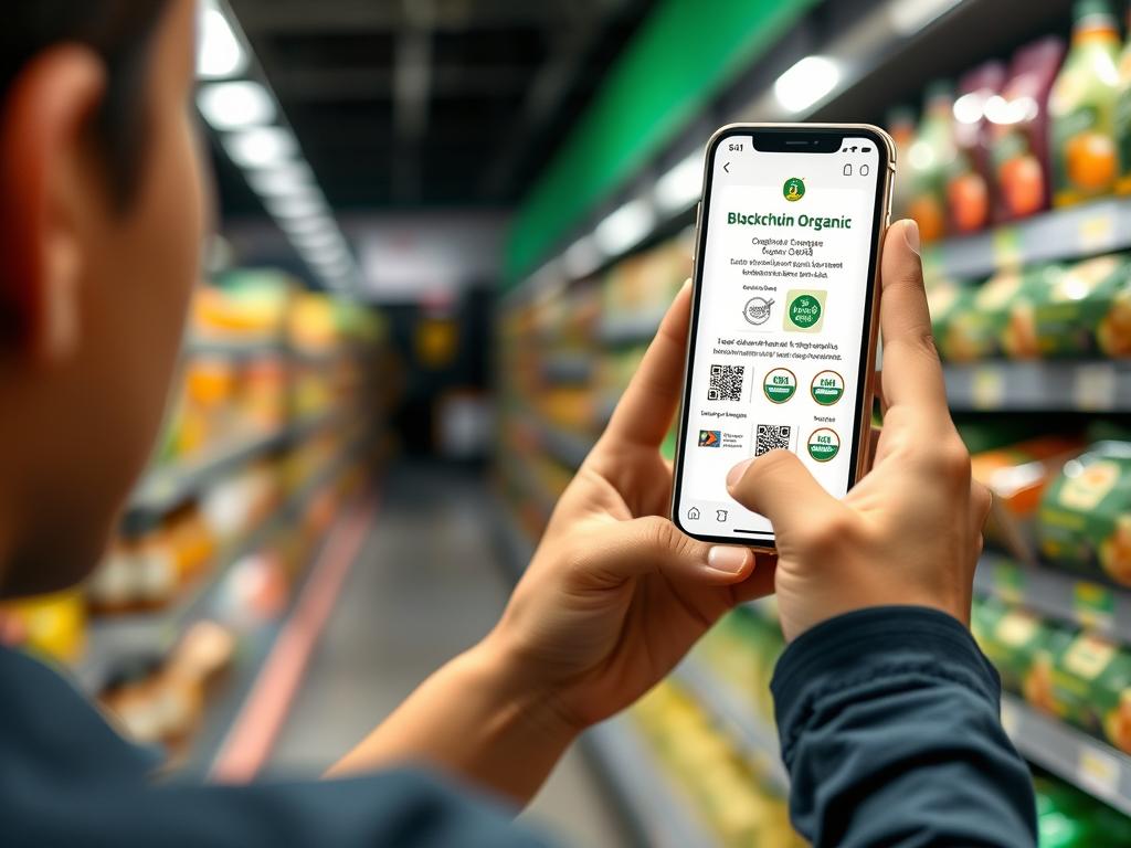 Consumidor brasileiro escaneando QR code em produto orgânico para verificar certificação blockchain