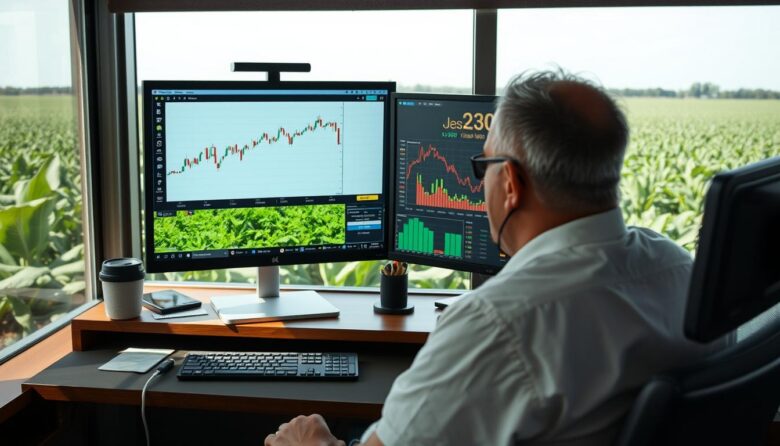 Contratos futuros de produção na fazenda sendo negociados por produtor rural