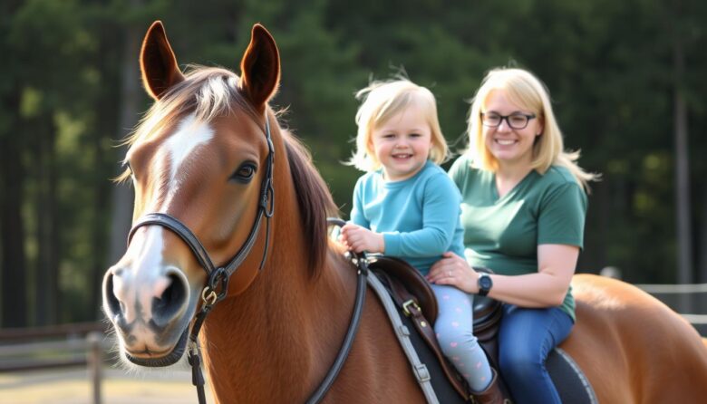 Criança especial sorrindo durante sessão de equoterapia com cavalo manso