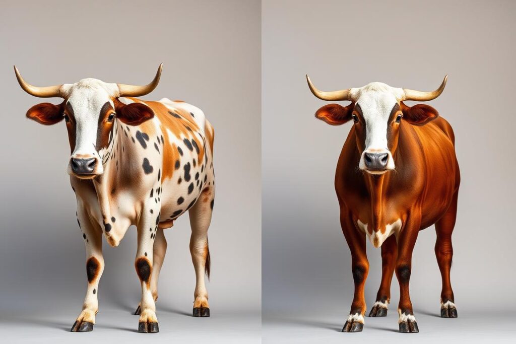 Detailed side-by-side comparison of a spotted Nelore cattle and a standard Nelore cattle, set against a neutral backdrop. Showcase the physical differences in muscle tone, coat texture, and overall frame size. Employ natural lighting to capture the dynamic range of colors and tones across both specimens. Adopt a documentary-style perspective, emphasizing the scientific and analytical nature of the comparison. Convey a sense of careful observation and objective assessment, inviting the viewer to closely examine the visual distinctions between the two Nelore varieties.