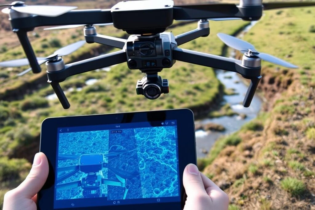 Drone equipado com sensor multiespectral realizando mapeamento de área com nascentes