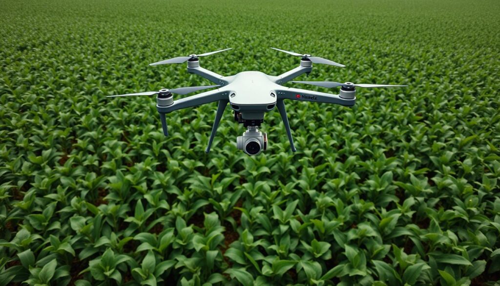 Drone monitorando plantação de soja no Brasil transmitindo dados via tecnologia 5G para rastreabilidade