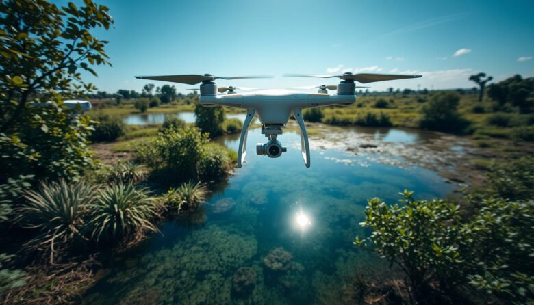 Drone sobrevoando área de nascente de água para mapeamento ambiental e geração de crédito vendável