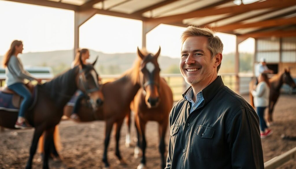 Empreendedor satisfeito observando sessão de equoterapia em seu centro