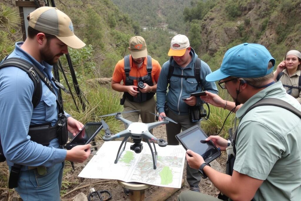 Equipe superando desafios técnicos durante mapeamento de nascentes com drone em área de difícil acesso