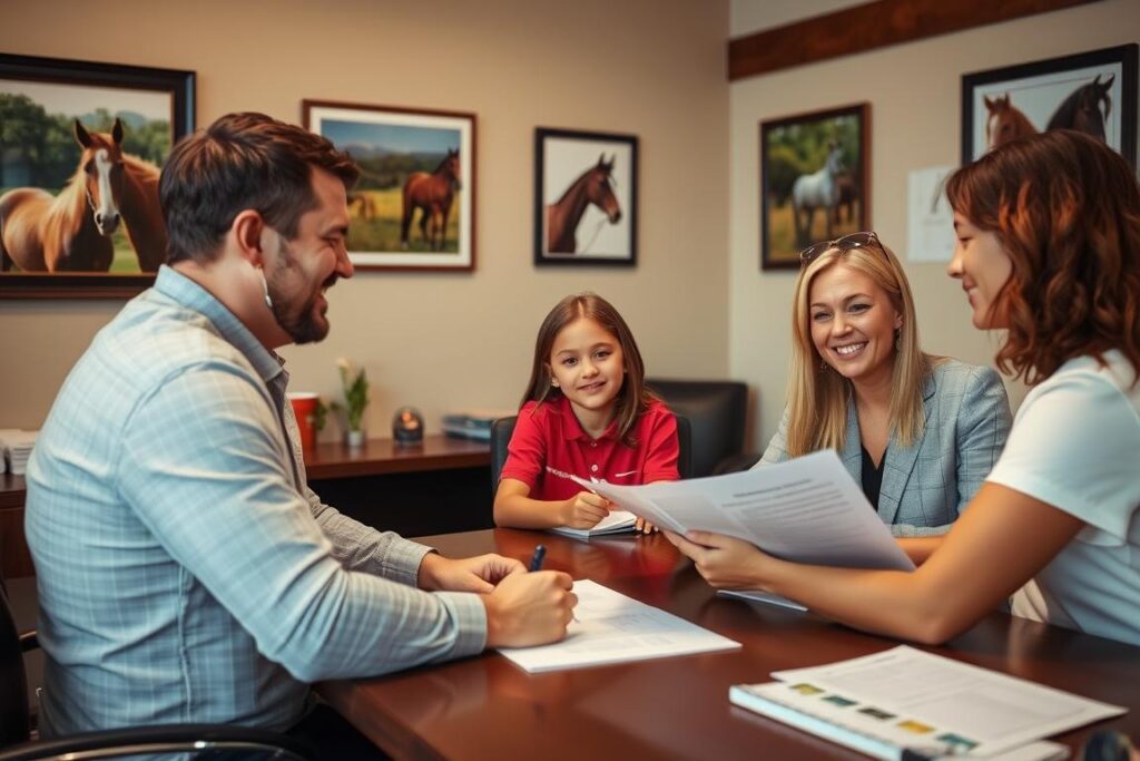 Família conversando com profissional sobre planos de tratamento em centro de equoterapia