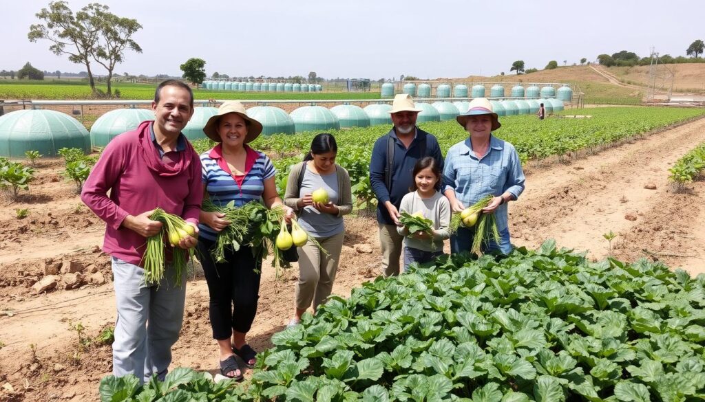 Família de agricultores colhendo produtos em área com manejo hídrico eficiente durante período de seca