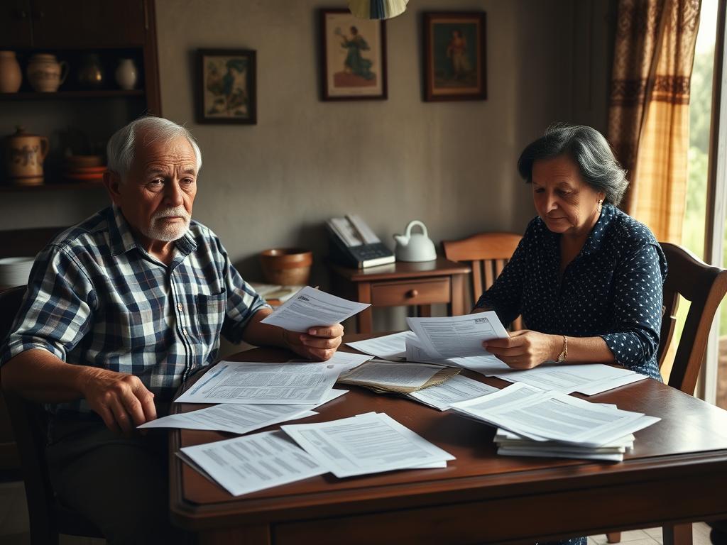 Família de produtores rurais discutindo problemas financeiros em mesa com documentos de dívidas