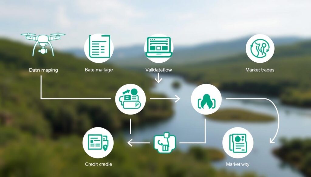 Gráfico mostrando o processo de transformação de mapeamento de nascentes em créditos ambientais vendáveis