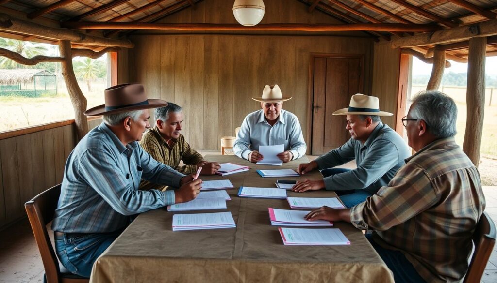 Grupo de produtores rurais em reunião com consultores financeiros discutindo alternativas