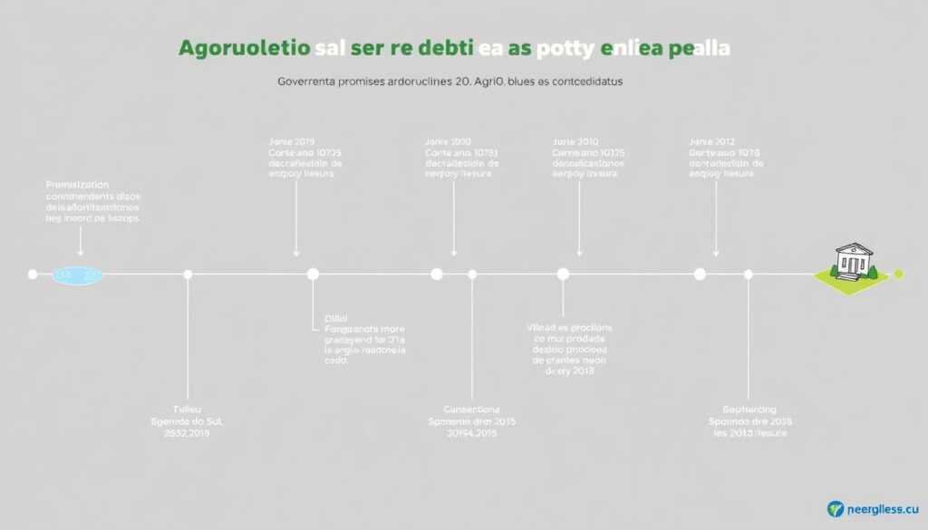 Linha do tempo mostrando promessas do governo federal sobre securitização no agronegócio e eventos climáticos no RS