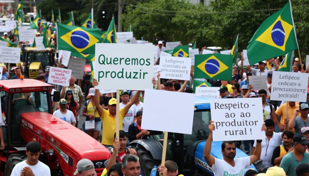 Manifestação de produtores rurais contra novas leis ambientais brasileiras controle agro