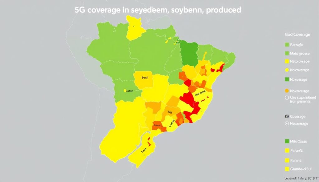 Mapa do Brasil mostrando a cobertura atual de 5G nas regiões produtoras de soja com desafios de infraestrutura