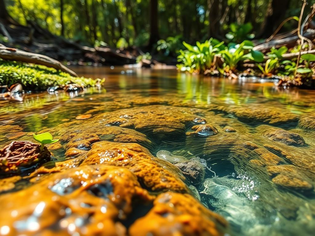 Nascente de água preservada em área de mata nativa com vegetação exuberante