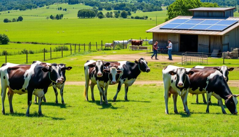 Pequena propriedade de pecuária leiteira sustentável no Sul do Brasil com pastagens bem manejadas e vacas saudáveis