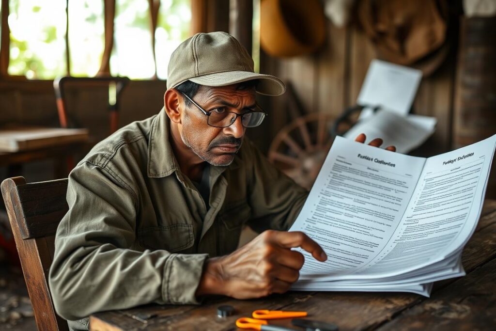 Pequeno produtor rural preocupado analisando documentos de legislação ambiental