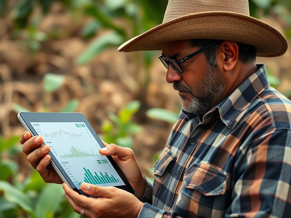 Produtor rural analisando gráficos de preços de commodities para vender contratos futuros de produção