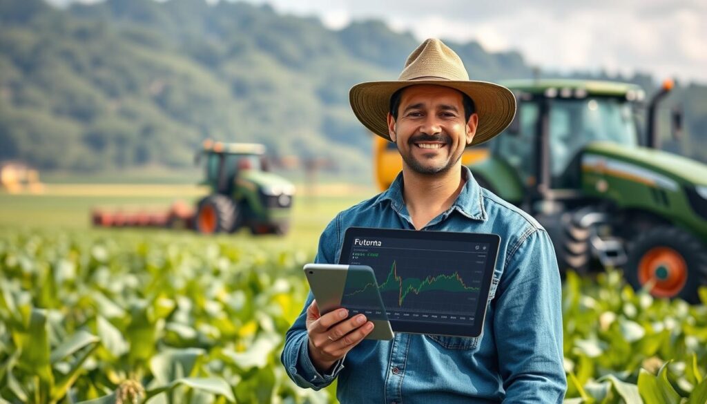 Produtor rural bem-sucedido que vende contratos futuros de produção na fazenda por conta própria