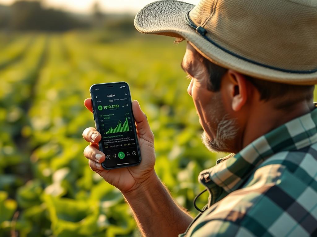 Produtor rural brasileiro utilizando aplicativo móvel para registrar dados de produção orgânica na blockchain