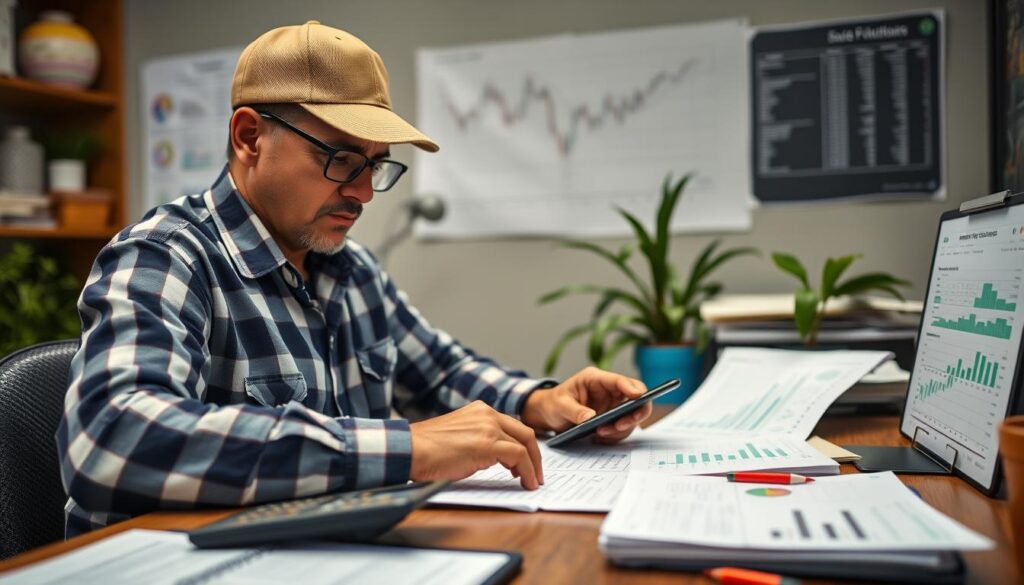 Produtor rural calculando preços e volumes para vender contratos futuros de produção na fazenda