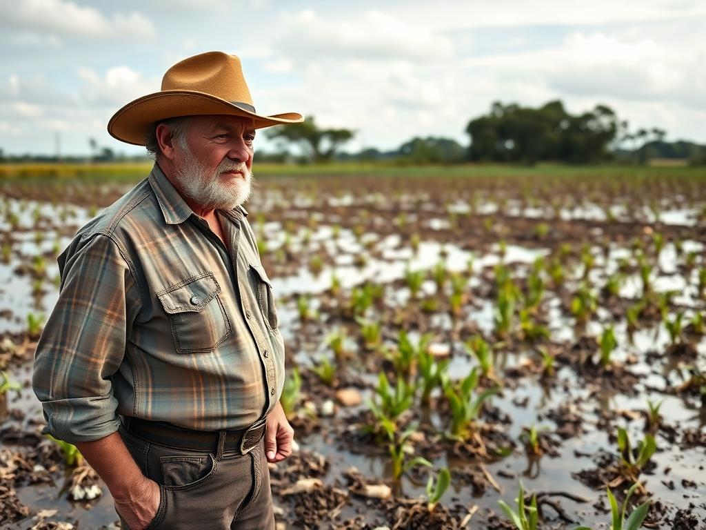 Produtor rural gaúcho observando lavoura danificada por eventos climáticos extremos