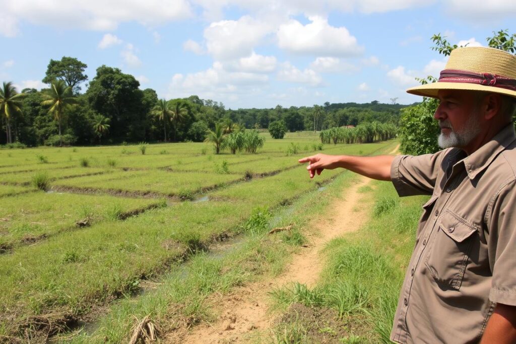 Produtor rural mostrando área que precisou ser convertida em reserva legal