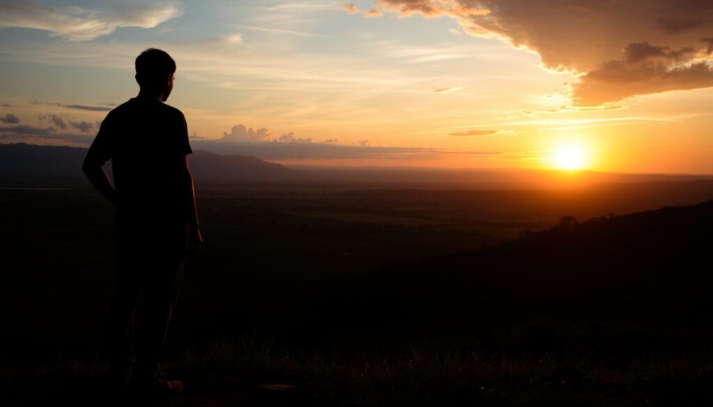 Produtor rural observando o nascer do sol em sua propriedade, simbolizando esperança e resiliência