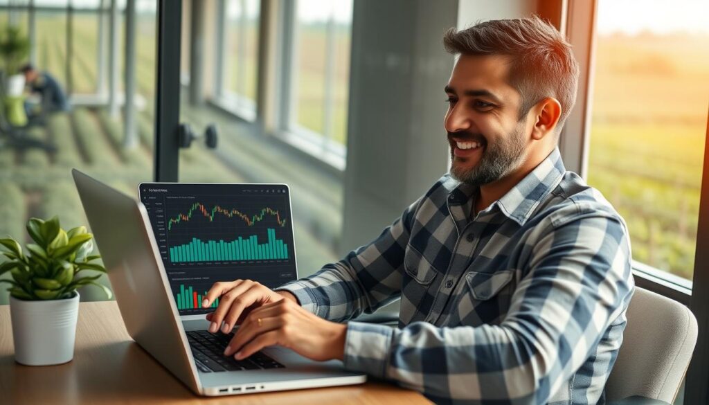 Produtor rural satisfeito após vender contratos futuros de produção na fazenda por conta própria