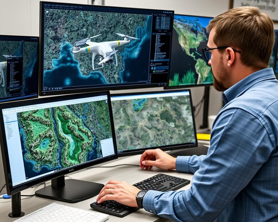 Profissional analisando dados de mapeamento de nascentes em software GIS para validação ambiental