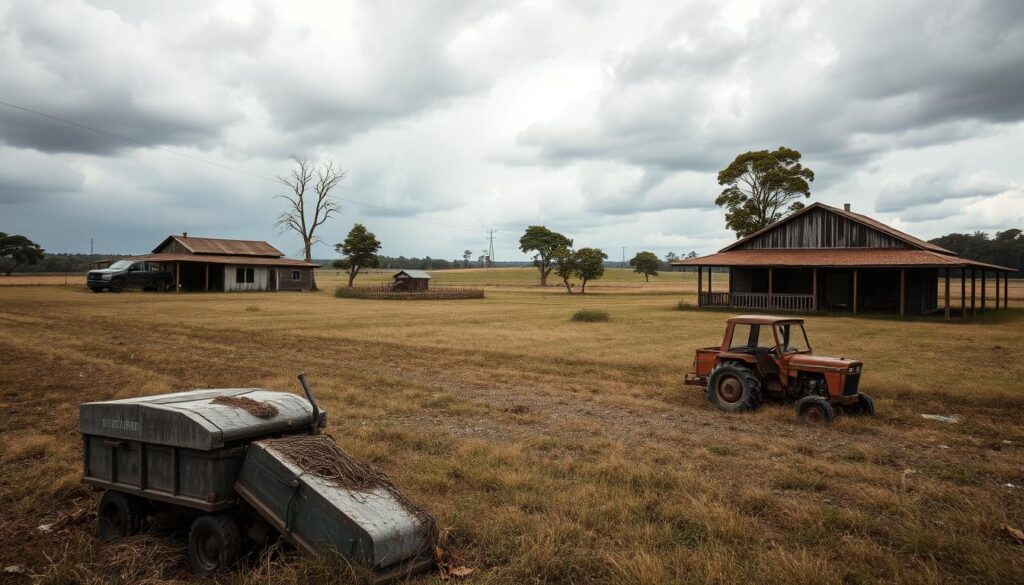 Propriedade rural abandonada no Rio Grande do Sul devido a dificuldades financeiras