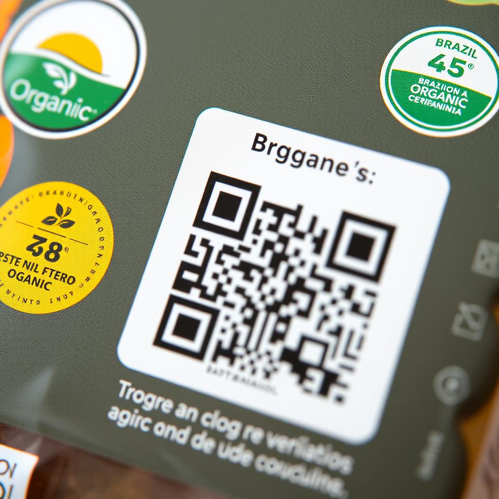 QR code em embalagem de produto orgânico brasileiro com certificação blockchain