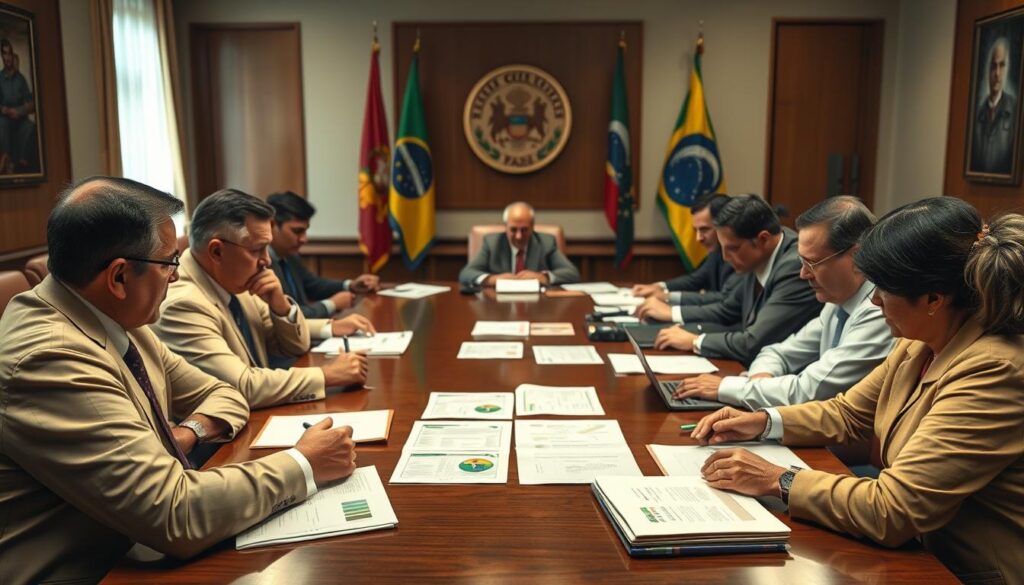Reunião entre representantes do governo e do setor agropecuário discutindo securitização no agronegócio