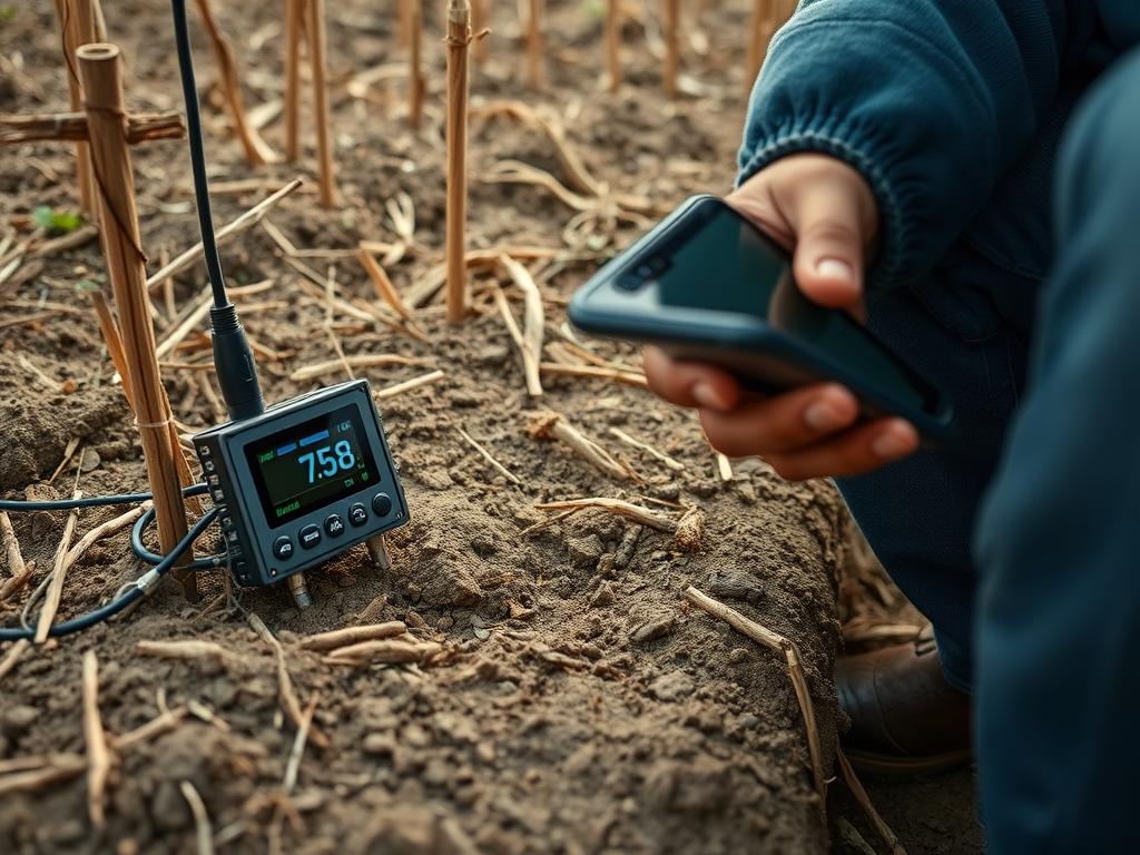 Sensor de umidade do solo sendo utilizado para monitoramento da irrigação