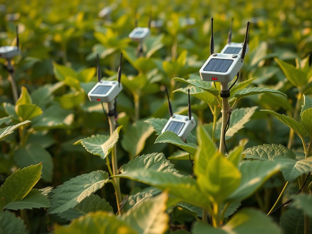 Sensores IoT conectados via 5G monitorando plantação de soja no Brasil para rastreabilidade