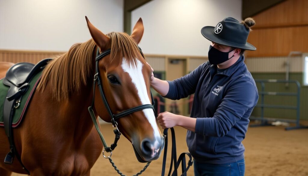 Treinador trabalhando com cavalo para equoterapia em ambiente controlado
