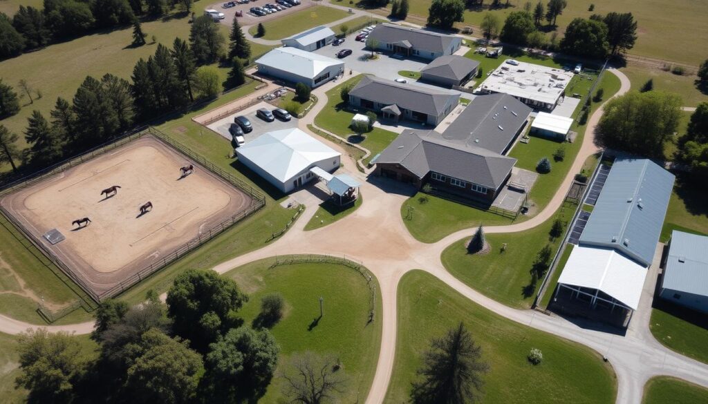 Vista aérea de um centro de equoterapia bem-sucedido com instalações completas