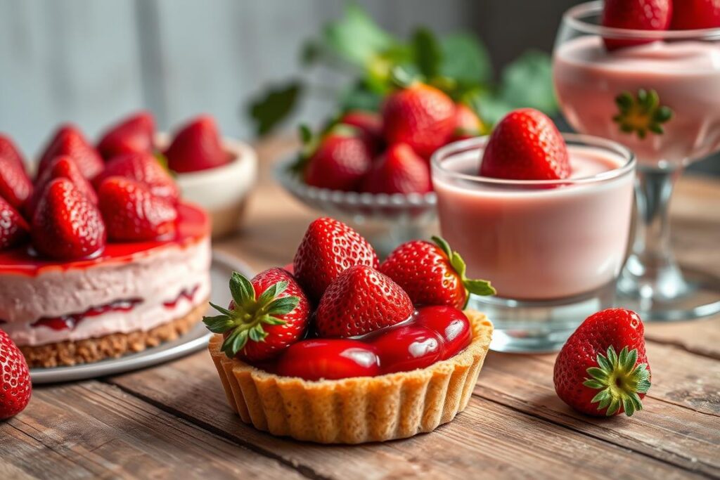 a close-up, high-resolution photograph of a selection of artisanal strawberry desserts, including a decadent strawberry cheesecake, a colorful strawberry tart with a flaky crust, and a visually striking strawberry mousse in a glass. The desserts are beautifully presented on a rustic wooden table, with a soft, natural lighting that accentuates the vibrant red hues and glossy textures of the strawberries. The overall composition is elegant and appetizing, showcasing the gourmet quality and attention to detail that would be expected of 