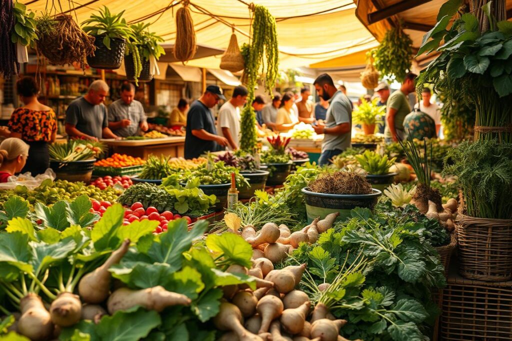A bustling marketplace filled with a diverse array of vibrant and unfamiliar plants, showcasing the bountiful potential of unconventional edible flora. In the foreground, an array of colorful, leafy greens and oddly-shaped tubers catch the eye, hinting at the wealth of untapped culinary possibilities. In the middle ground, vendors proudly display their wares, engaging with curious customers, while the background is alive with the energetic din of haggling and the scent of exotic herbs. Warm, natural lighting illuminates the scene, casting a golden glow that enhances the organic textures and lush verdant hues. The overall atmosphere conveys a sense of discovery, opportunity, and the exciting challenges of navigating the uncharted realm of unconventional edible plants.