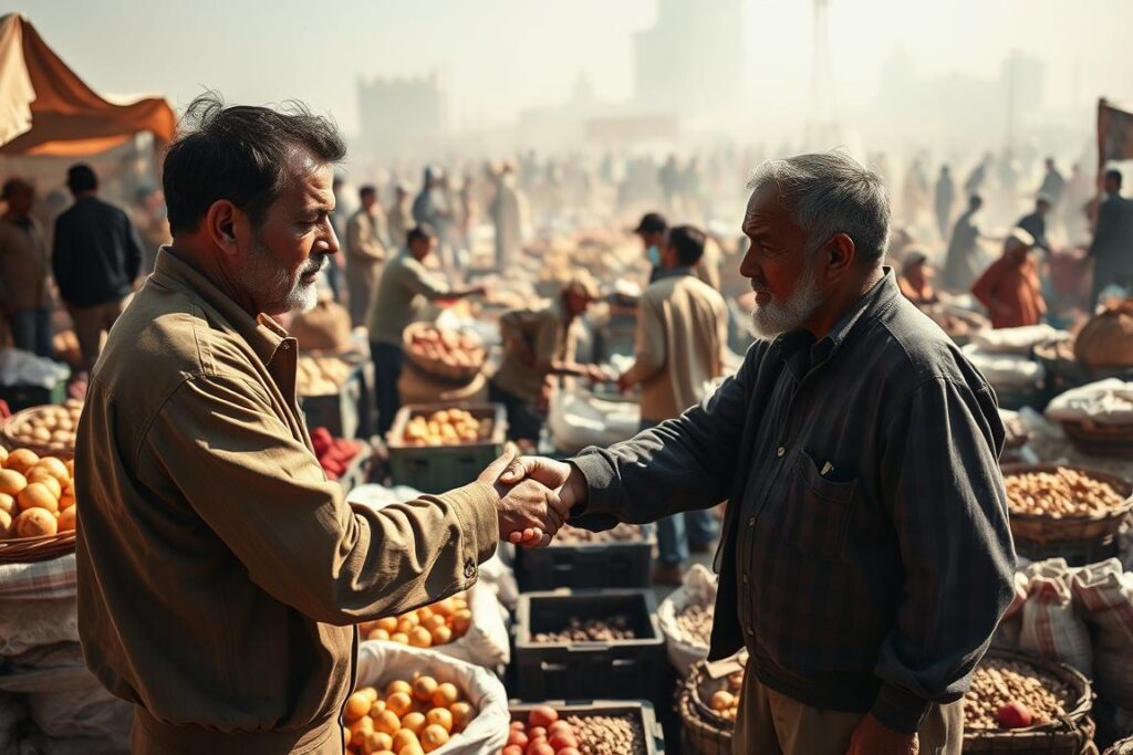 A bustling open-air market, with farmers and traders bartering over piles of agricultural goods. In the foreground, a pair of men shake hands, faces etched with uncertainty, as they negotiate a deal. In the middle ground, a jumble of crates, sacks, and baskets overflow with produce - apples, potatoes, grains. The background is hazy, filled with the chatter of haggling voices and the scent of freshly harvested crops. Harsh sunlight casts long shadows, highlighting the tension of the transaction. A sense of unease permeates the scene, capturing the common pitfalls of barter - miscommunication, asymmetric information, and the risk of unfair exchange.