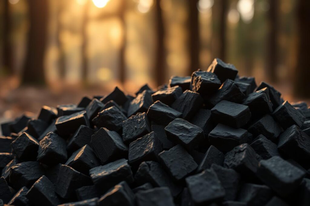 A close-up of a pile of sustainable charcoal briquettes, their dark surfaces glistening under warm, diffused lighting. The briquettes are arranged in an elegant, minimalist composition, showcasing their clean, uniform shapes and textures. In the background, a soft, blurred forest scene provides a natural, earthy backdrop, hinting at the renewable source materials used to create this premium-quality, gourmet charcoal. The overall mood is one of rustic sophistication, conveying the quality and craftsmanship inherent in this specialized charcoal product.