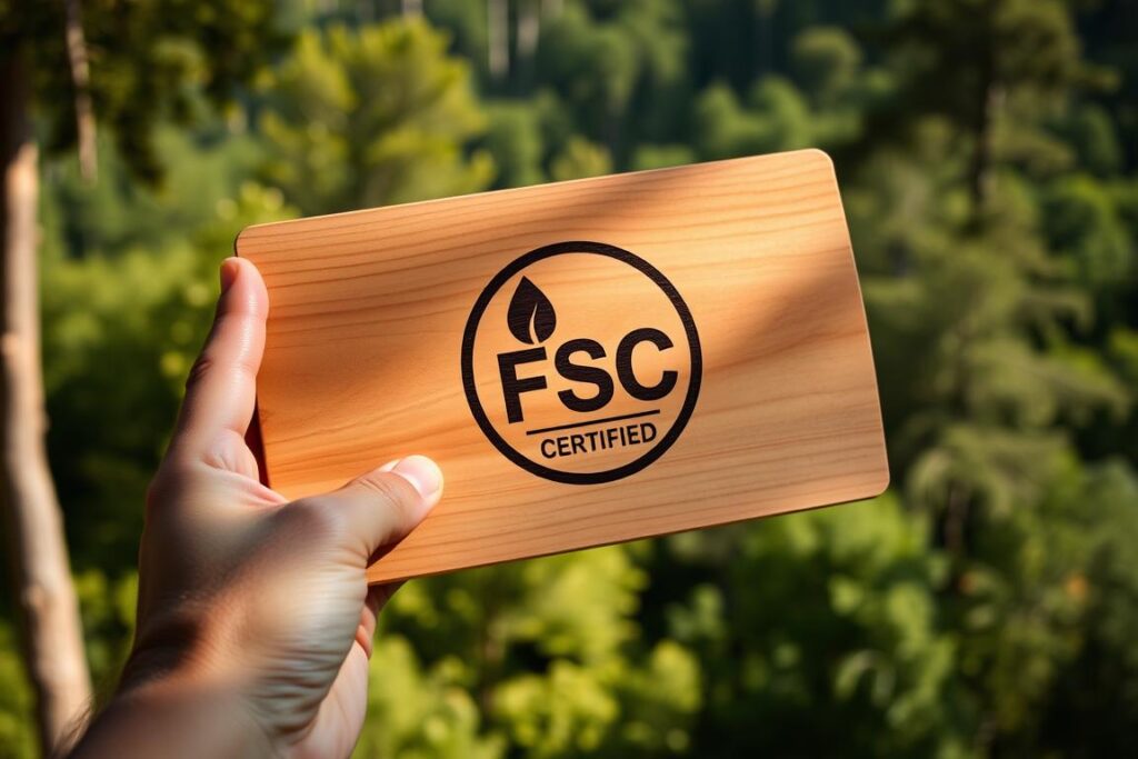 A close-up view of a hand holding a wooden plaque with the FSC certification logo, set against a backdrop of lush, verdant forestry. The plaque is illuminated by warm, diffused lighting, casting gentle shadows that highlight the intricate wood grain. The overall composition emphasizes the importance of sustainable forestry practices and the environmental certification that ensures responsible timber sourcing. The scene conveys a sense of balance between nature's abundance and human stewardship, with the FSC logo serving as a symbol of the commitment to preserving the world's precious forest resources.