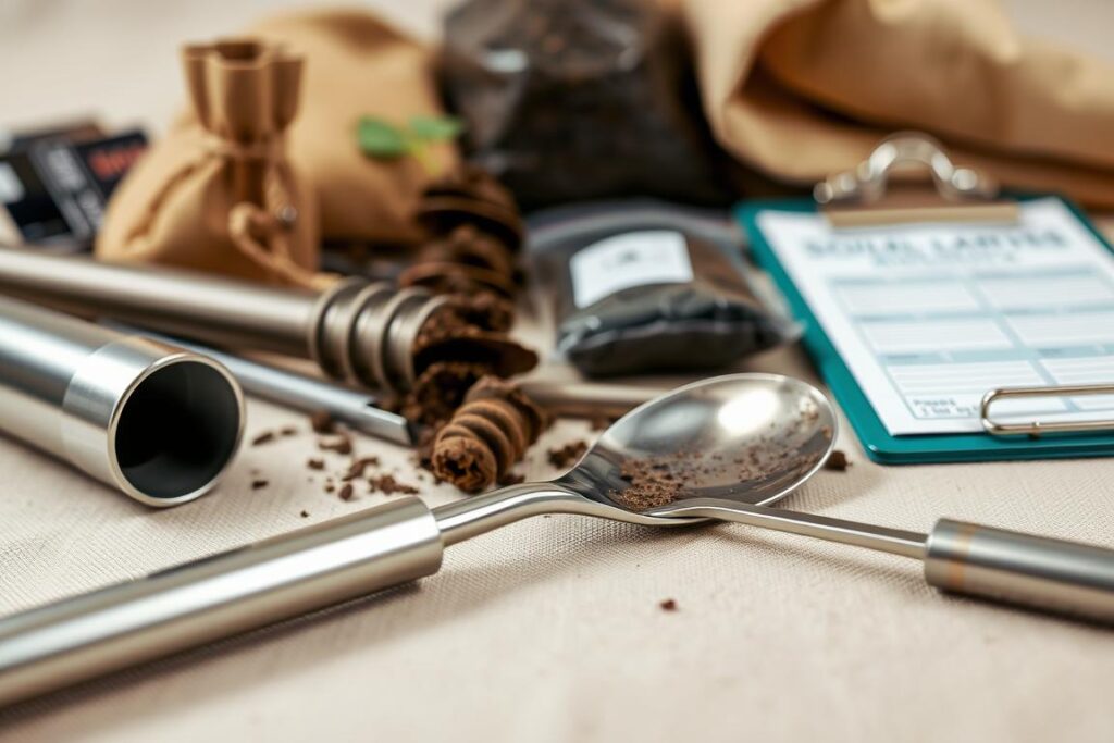 A close-up view of various soil sampling equipment laid out on a neutral background. In the foreground, we see a soil core sampler, a soil auger, and a trowel, all made of shiny metal and arranged neatly. In the middle ground, a few soil sample bags and a clipboard with soil analysis forms are visible. The background is softly blurred, creating a focus on the tools. The lighting is even and natural, highlighting the textures and details of the equipment. The overall mood is one of precision, professionalism, and scientific inquiry, reflecting the importance of accurate soil analysis for informed decision-making.