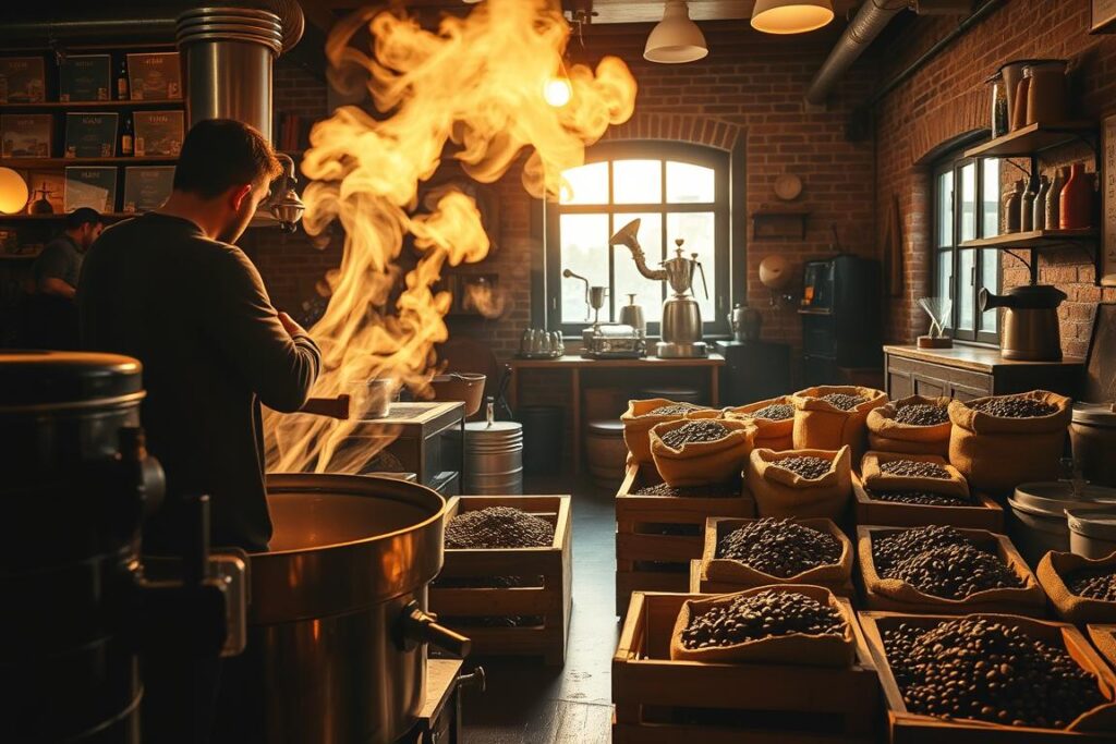 A cozy, artisanal coffee roastery bathed in warm, golden light. In the foreground, a skilled barista carefully tends to a small-batch roaster, its metal surfaces gleaming. Wisps of fragrant, swirling smoke fill the air, hinting at the complex flavors being coaxed from the beans. In the middle ground, wooden crates and burlap sacks brimming with premium, ethically-sourced coffee beans, each with its own unique provenance. The background reveals a rustic, brick-walled interior, shelves lined with antique coffee equipment and the faint sound of a vintage jazz record playing. An atmosphere of craftsmanship, passion, and the celebration of the art of coffee roasting.