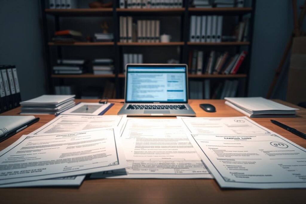 A detailed blueprint of the necessary documentation for importing agricultural equipment, displayed on a neatly organized desk. In the foreground, various official forms and certificates are arranged with precision, illuminated by soft, directional lighting that emphasizes their importance. In the middle ground, a laptop displays relevant regulations and guidelines, while the background features shelves filled with relevant reference materials. The overall atmosphere conveys a sense of professionalism, efficiency, and attention to detail, reflecting the meticulous process of navigating the import process for agricultural equipment.
